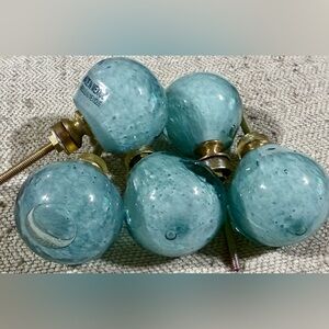 Set of 5 Aqua Glass Round Drawer Knobs with Brass Hardware